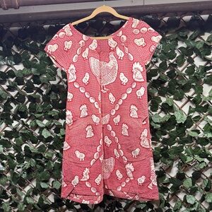 Red Patterned Dress with White Chicken Print